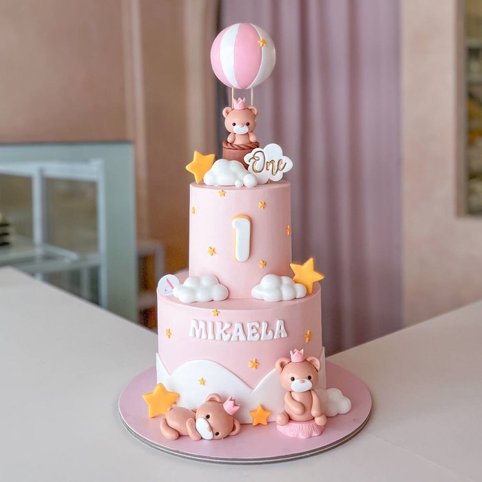 Pink Hot Air Balloon Baby Bear Cake (2 Tiers)